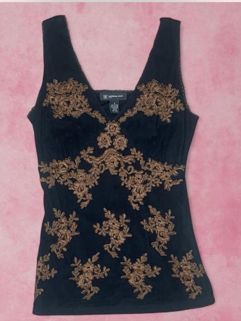 INC Black Surplice Tank Top with Gold Abstract Embroidery Y2K Grunge Western- S